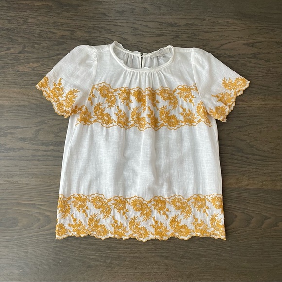 LOFT Tops - LOFT White Top with Mustard Yellow Embroidery
